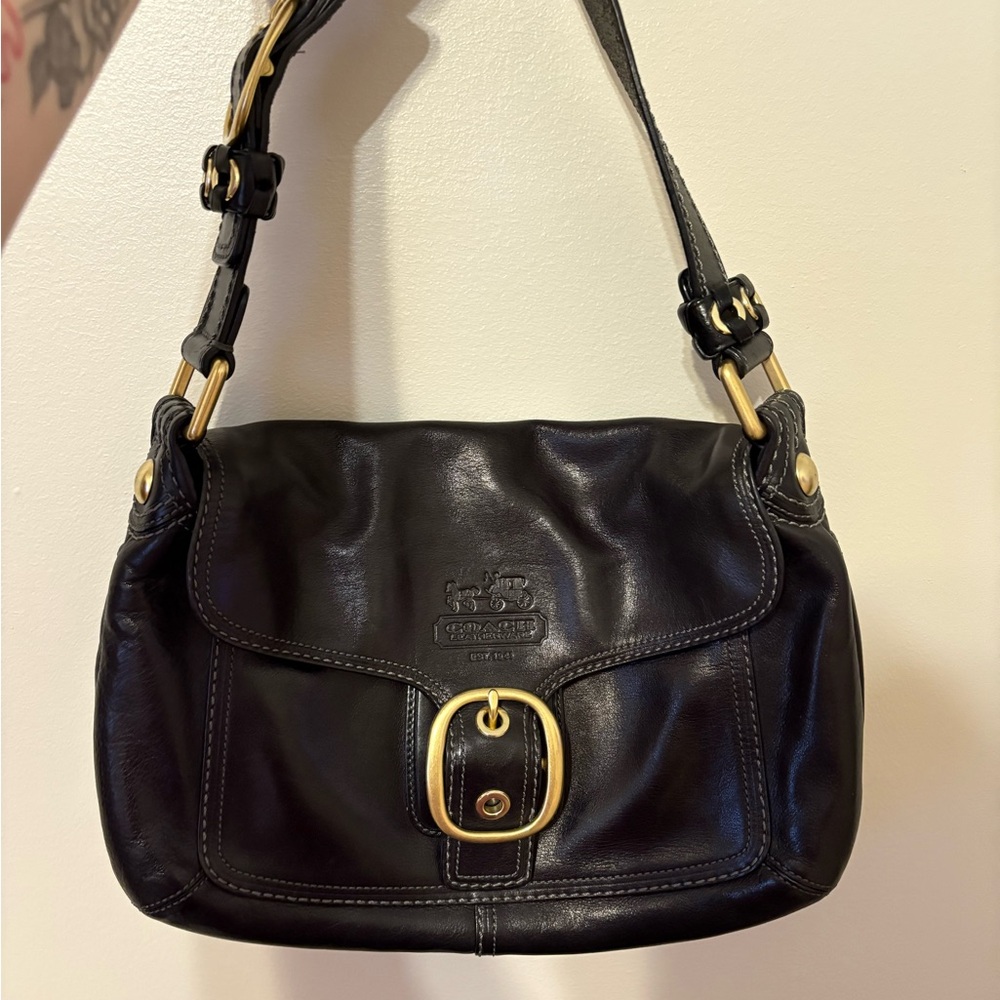 Coach Black Leather Quilted Shoulder Bag with Gold Hardware